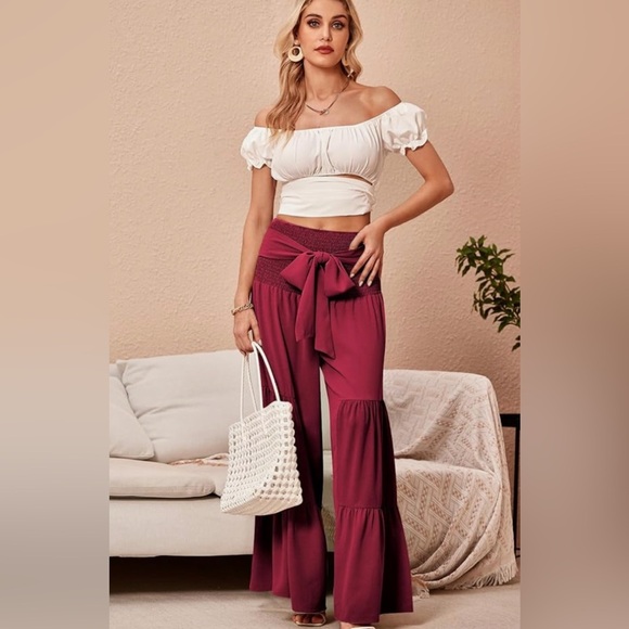 Women's Shirred Elastic Waist Tie Front Ruffle Hem Wide Leg Pants - Picture 6 of 10